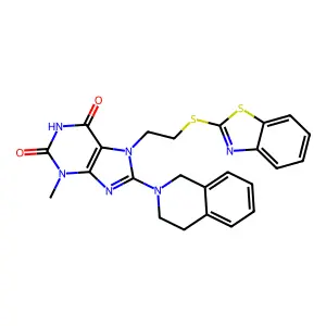 7-[2-(1,3-benzothiazol-2-ylsulfanyl)ethyl]-3-methyl-8-(1,2,3,4-tetrahydroisoquinolin-2-yl)-2,3,6,7-tetrahydro-1H-purine-2,6-dione structure
