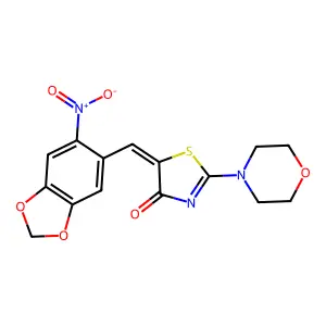 (5E)-2-morpholin-4-yl-5-[(6-nitro-1,3-benzodioxol-5-yl)methylidene]-1,3-thiazol-4-one structure