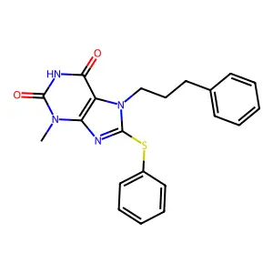 3-methyl-7-(3-phenylpropyl)-8-(phenylthio)-1H-purine-2,6(3H,7H)-dione structure