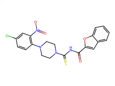 N-[4-(4-chloro-2-nitrophenyl)piperazine-1-carbothioyl]-1-benzofuran-2-carboxamide structure