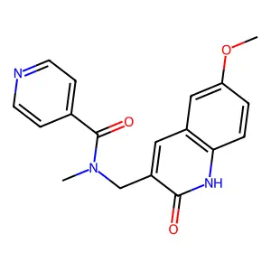 N-[(6-methoxy-2-oxo-1H-quinolin-3-yl)methyl]-N-methyl-4-pyridinecarboxamide structure
