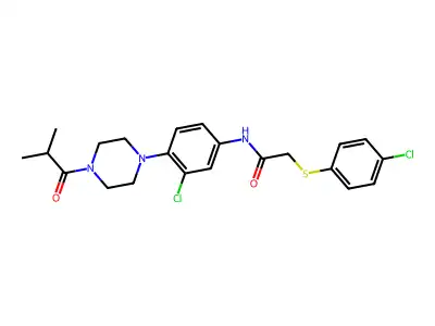 N-[3-chloro-4-[4-(2-methylpropanoyl)piperazin-1-yl]phenyl]-2-(4-chlorophenyl)sulfanylacetamide structure