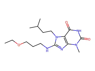 8-((3-ethoxypropyl)amino)-7-isopentyl-3-methyl-1H-purine-2,6(3H,7H)-dione structure