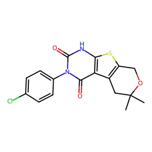 3-(4-chlorophenyl)-6,6-dimethyl-5,6-dihydro-1H-pyrano[4',3':4,5]thieno[2,3-d]pyrimidine-2,4(3H,8H)-dione structure