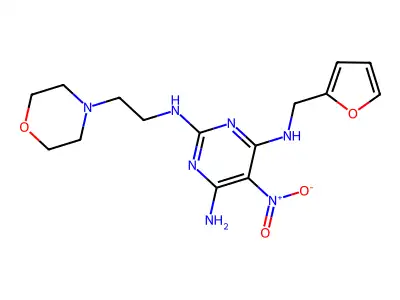 N4-(furan-2-ylmethyl)-N2-(2-morpholinoethyl)-5-nitropyrimidine-2,4,6-triamine structure