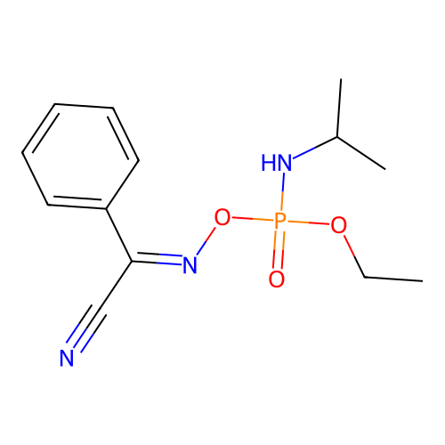 Glyoxylonitrile, phenyl-, oxime, O-ethyl-N-isopropylphosphoramidate structure