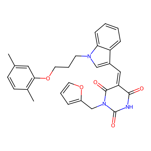 (Z)-5-((1-(3-(2,5-dimethylphenoxy)propyl)-1H-indol-3-yl)methylene)-1-(furan-2-ylmethyl)pyrimidine-2,4,6(1H,3H,5H)-trione structure