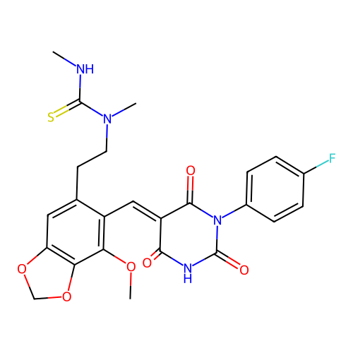 (E)-1-(2-(6-((1-(4-fluorophenyl)-2,4,6-trioxotetrahydropyrimidin-5(2H)-ylidene)methyl)-7-methoxybenzo[d][1,3]dioxol-5-yl)ethyl)-1,3-dimethylthiourea structure