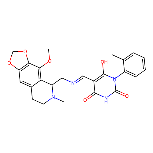 (5Z)-2-hydroxy-5-({[(4-methoxy-6-methyl-5,6,7,8-tetrahydro[1,3]dioxolo[4,5-g]isoquinolin-5-yl)methyl]amino}methylidene)-1-(2-methylphenyl)pyrimidine-4,6(1H,5H)-dione structure