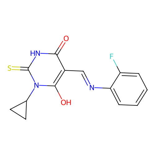 1-cyclopropyl-5-[(2-fluoroanilino)methylidene]-2-sulfanylidene-1,3-diazinane-4,6-dione structure