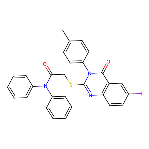 2-((6-iodo-4-oxo-3-(p-tolyl)-3,4-dihydroquinazolin-2-yl)thio)-N,N-diphenylacetamide structure