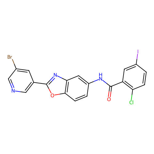 N-[2-(5-bromopyridin-3-yl)-1,3-benzoxazol-5-yl]-2-chloro-5-iodobenzamide structure