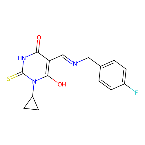1-cyclopropyl-5-[[(4-fluorophenyl)methylamino]methylidene]-2-sulfanylidene-1,3-diazinane-4,6-dione structure