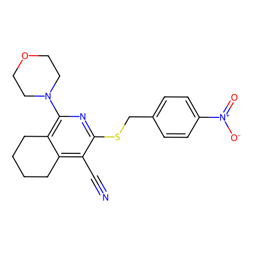 1-morpholin-4-yl-3-[(4-nitrophenyl)methylsulfanyl]-5,6,7,8-tetrahydroisoquinoline-4-carbonitrile structure