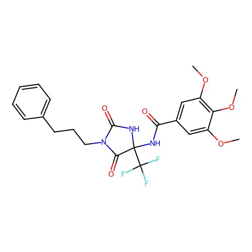 N-(2,5-dioxo-1-(3-phenylpropyl)-4-(trifluoromethyl)imidazolidin-4-yl)-3,4,5-trimethoxybenzamide structure
