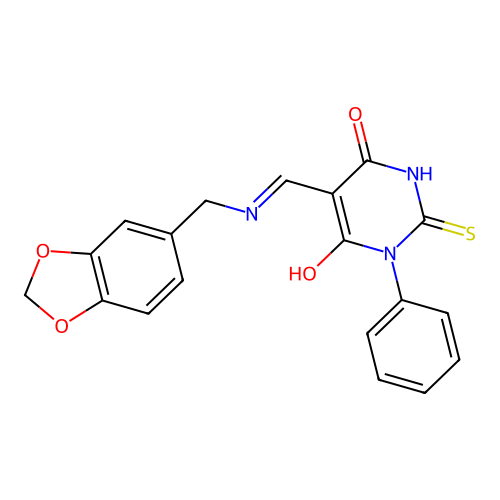 (5E)-5-[(1,3-benzodioxol-5-ylmethylamino)methylidene]-1-phenyl-2-sulfanylidene-1,3-diazinane-4,6-dione structure