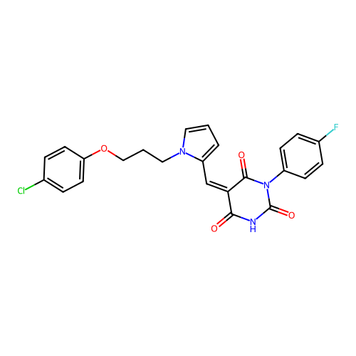 (5Z)-5-({1-[3-(4-chlorophenoxy)propyl]-1H-pyrrol-2-yl}methylidene)-3-(4-fluorophenyl)-6-hydroxypyrimidine-2,4(3H,5H)-dione structure