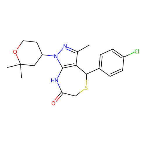 4-(4-chlorophenyl)-1-(2,2-dimethyloxan-4-yl)-3-methyl-2,4-dihydropyrazolo[3,4-e][1,4]thiazepin-7-one structure