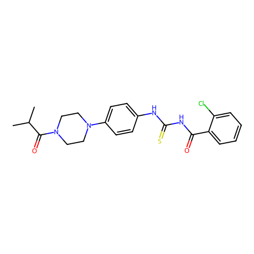 2-chloro-N-((4-(4-isobutyrylpiperazin-1-yl)phenyl)carbamothioyl)benzamide structure