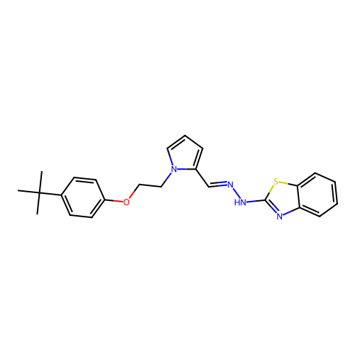 (2E)-2-[(2E)-({1-[2-(4-tert-butylphenoxy)ethyl]-1H-pyrrol-2-yl}methylidene)hydrazinylidene]-2,3-dihydro-1,3-benzothiazole structure