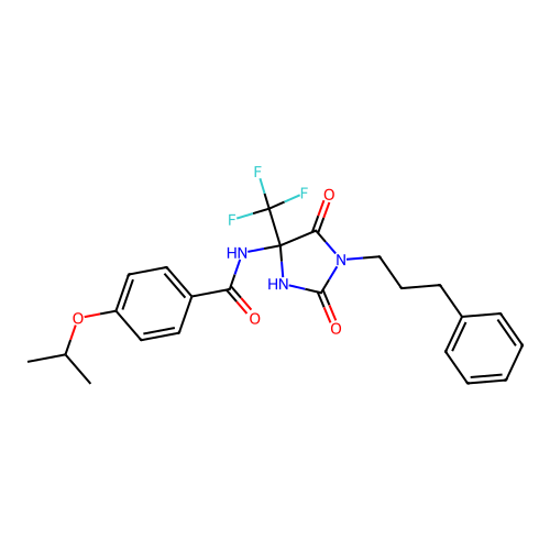 N-(2,5-dioxo-1-(3-phenylpropyl)-4-(trifluoromethyl)imidazolidin-4-yl)-4-isopropoxybenzamide structure