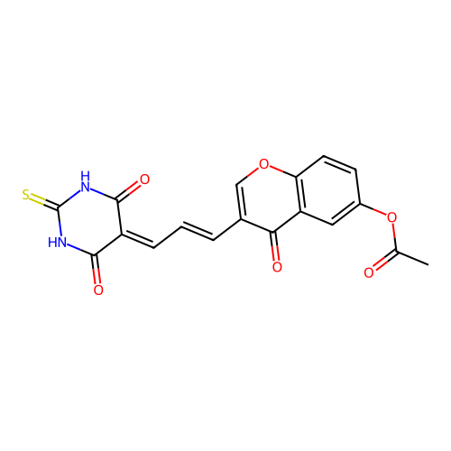 (E)-3-(3-(4,6-dioxo-2-thioxotetrahydropyrimidin-5(2H)-ylidene)prop-1-en-1-yl)-4-oxo-4H-chromen-6-yl acetate structure