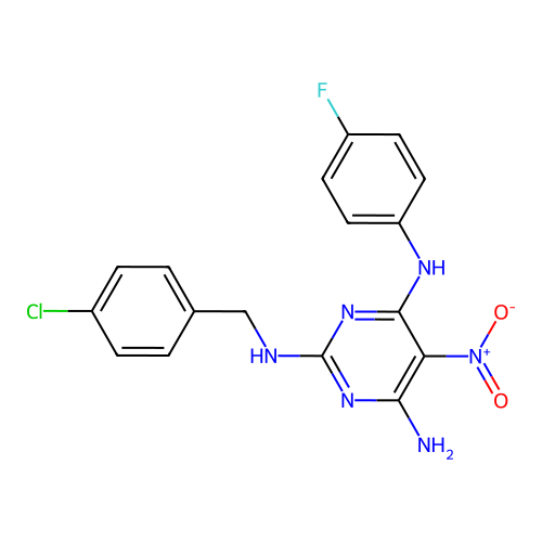 N~2~-(4-chlorobenzyl)-N~4~-(4-fluorophenyl)-5-nitropyrimidine-2,4,6-triamine structure