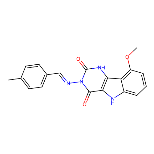 (E)-9-methoxy-3-((4-methylbenzylidene)amino)-1H-pyrimido[5,4-b]indole-2,4(3H,5H)-dione structure