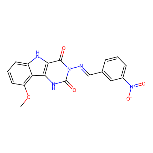 (E)-9-methoxy-3-((3-nitrobenzylidene)amino)-1H-pyrimido[5,4-b]indole-2,4(3H,5H)-dione structure