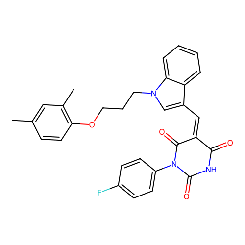 (5Z)-5-({1-[3-(2,4-dimethylphenoxy)propyl]-1H-indol-3-yl}methylidene)-3-(4-fluorophenyl)-6-hydroxypyrimidine-2,4(3H,5H)-dione structure
