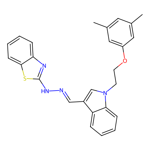 N-[[1-[2-(3,5-dimethylphenoxy)ethyl]indol-3-yl]methylideneamino]benzothiazol-2-amine structure