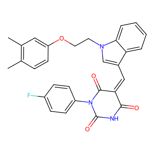 (5Z)-5-({1-[2-(3,4-dimethylphenoxy)ethyl]-1H-indol-3-yl}methylidene)-3-(4-fluorophenyl)-6-hydroxypyrimidine-2,4(3H,5H)-dione structure