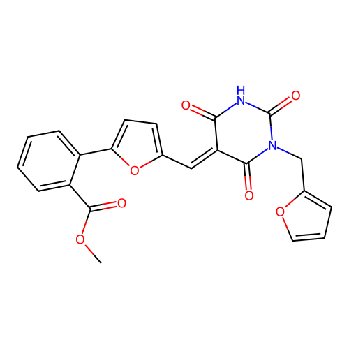 (E)-methyl 2-(5-((1-(furan-2-ylmethyl)-2,4,6-trioxotetrahydropyrimidin-5(2H)-ylidene)methyl)furan-2-yl)benzoate structure