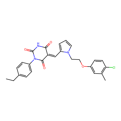 (5E)-5-({1-[2-(4-chloro-3-methylphenoxy)ethyl]-1H-pyrrol-2-yl}methylidene)-1-(4-ethylphenyl)pyrimidine-2,4,6(1H,3H,5H)-trione structure