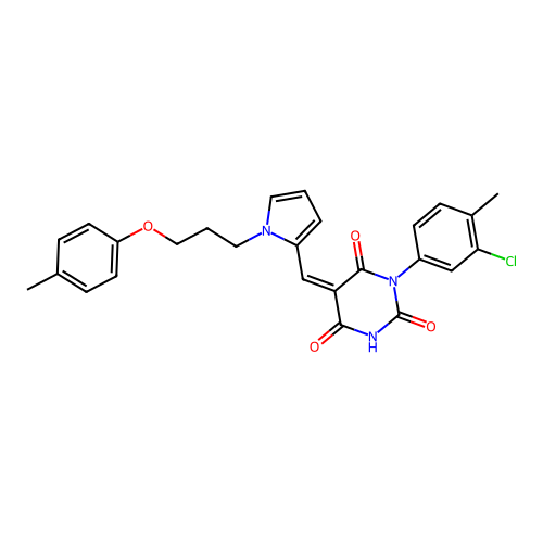 (5Z)-1-(3-chloro-4-methylphenyl)-5-[[1-[3-(4-methylphenoxy)propyl]pyrrol-2-yl]methylidene]-1,3-diazinane-2,4,6-trione structure