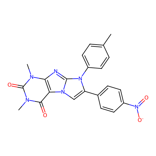 1,3-dimethyl-7-(4-nitrophenyl)-8-(p-tolyl)-1H-imidazo[2,1-f]purine-2,4(3H,8H)-dione structure