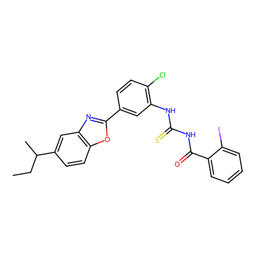 N-((5-(5-(sec-butyl)benzo[d]oxazol-2-yl)-2-chlorophenyl)carbamothioyl)-2-iodobenzamide structure