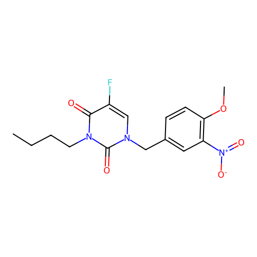 3-butyl-5-fluoro-1-(4-methoxy-3-nitrobenzyl)pyrimidine-2,4(1H,3H)-dione structure