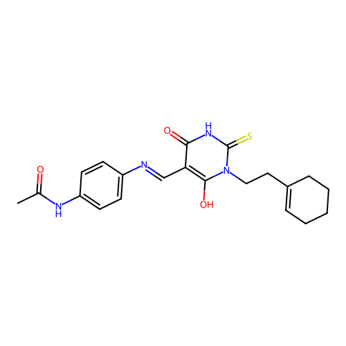 (E)-N-(4-(((1-(2-(cyclohex-1-en-1-yl)ethyl)-4,6-dioxo-2-thioxotetrahydropyrimidin-5(2H)-ylidene)methyl)amino)phenyl)acetamide structure