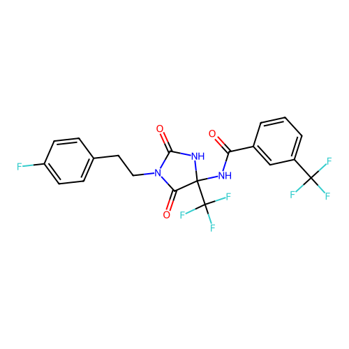 N-(1-(4-fluorophenethyl)-2,5-dioxo-4-(trifluoromethyl)imidazolidin-4-yl)-3-(trifluoromethyl)benzamide structure