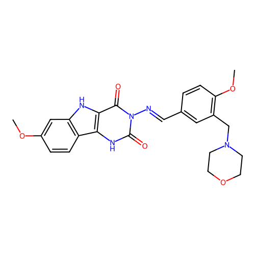 (E)-7-methoxy-3-((4-methoxy-3-(morpholinomethyl)benzylidene)amino)-1H-pyrimido[5,4-b]indole-2,4(3H,5H)-dione structure