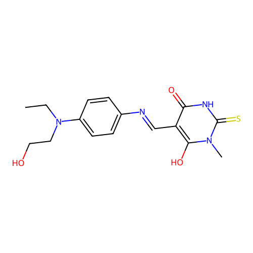 (5E)-5-[({4-[ethyl(2-hydroxyethyl)amino]phenyl}amino)methylidene]-1-methyl-2-sulfanylpyrimidine-4,6(1H,5H)-dione structure