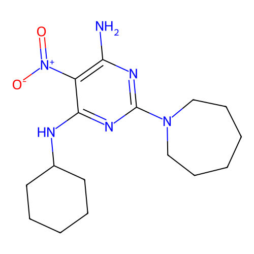 2-(azepan-1-yl)-N-cyclohexyl-5-nitropyrimidine-4,6-diamine structure