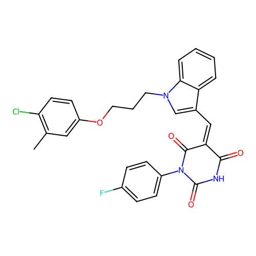 (Z)-5-((1-(3-(4-chloro-3-methylphenoxy)propyl)-1H-indol-3-yl)methylene)-1-(4-fluorophenyl)pyrimidine-2,4,6(1H,3H,5H)-trione structure
