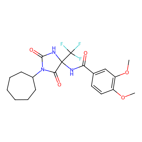 N-(1-cycloheptyl-2,5-dioxo-4-(trifluoromethyl)imidazolidin-4-yl)-3,4-dimethoxybenzamide structure