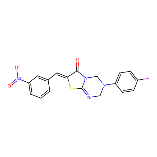 (Z)-3-(4-iodophenyl)-7-(3-nitrobenzylidene)-3,4-dihydro-2H-thiazolo[3,2-a][1,3,5]triazin-6(7H)-one structure