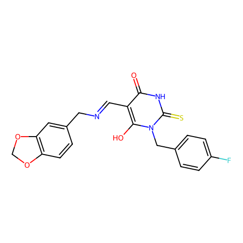 5-[(1,3-benzodioxol-5-ylmethylamino)methylidene]-1-[(4-fluorophenyl)methyl]-2-sulfanylidene-1,3-diazinane-4,6-dione structure