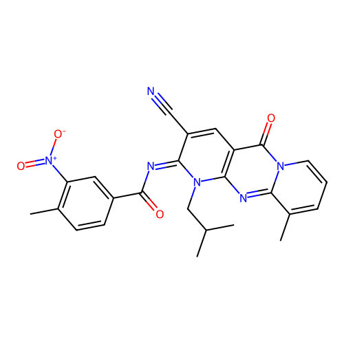 (E)-N-(3-cyano-1-isobutyl-10-methyl-5-oxo-1H-dipyrido[1,2-a:2',3'-d]pyrimidin-2(5H)-ylidene)-4-methyl-3-nitrobenzamide structure