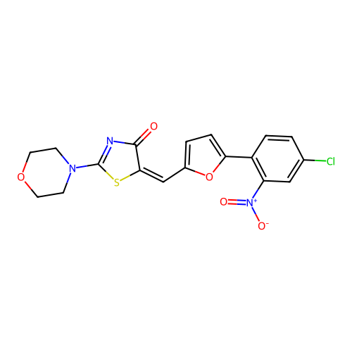 (E)-5-((5-(4-chloro-2-nitrophenyl)furan-2-yl)methylene)-2-morpholinothiazol-4(5H)-one structure