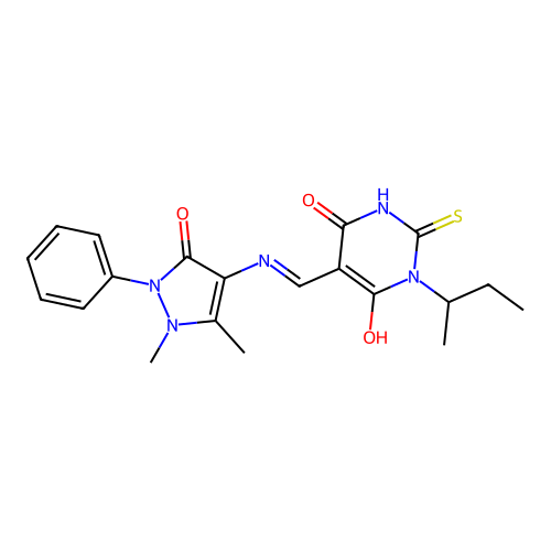 (E)-1-(sec-butyl)-5-(((1,5-dimethyl-3-oxo-2-phenyl-2,3-dihydro-1H-pyrazol-4-yl)amino)methylene)-2-thioxodihydropyrimidine-4,6(1H,5H)-dione structure